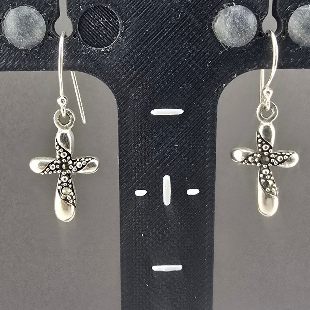 Vintage IBB Cross Earrings Silver Marcasite Religious Dangle Drop 1.7g
